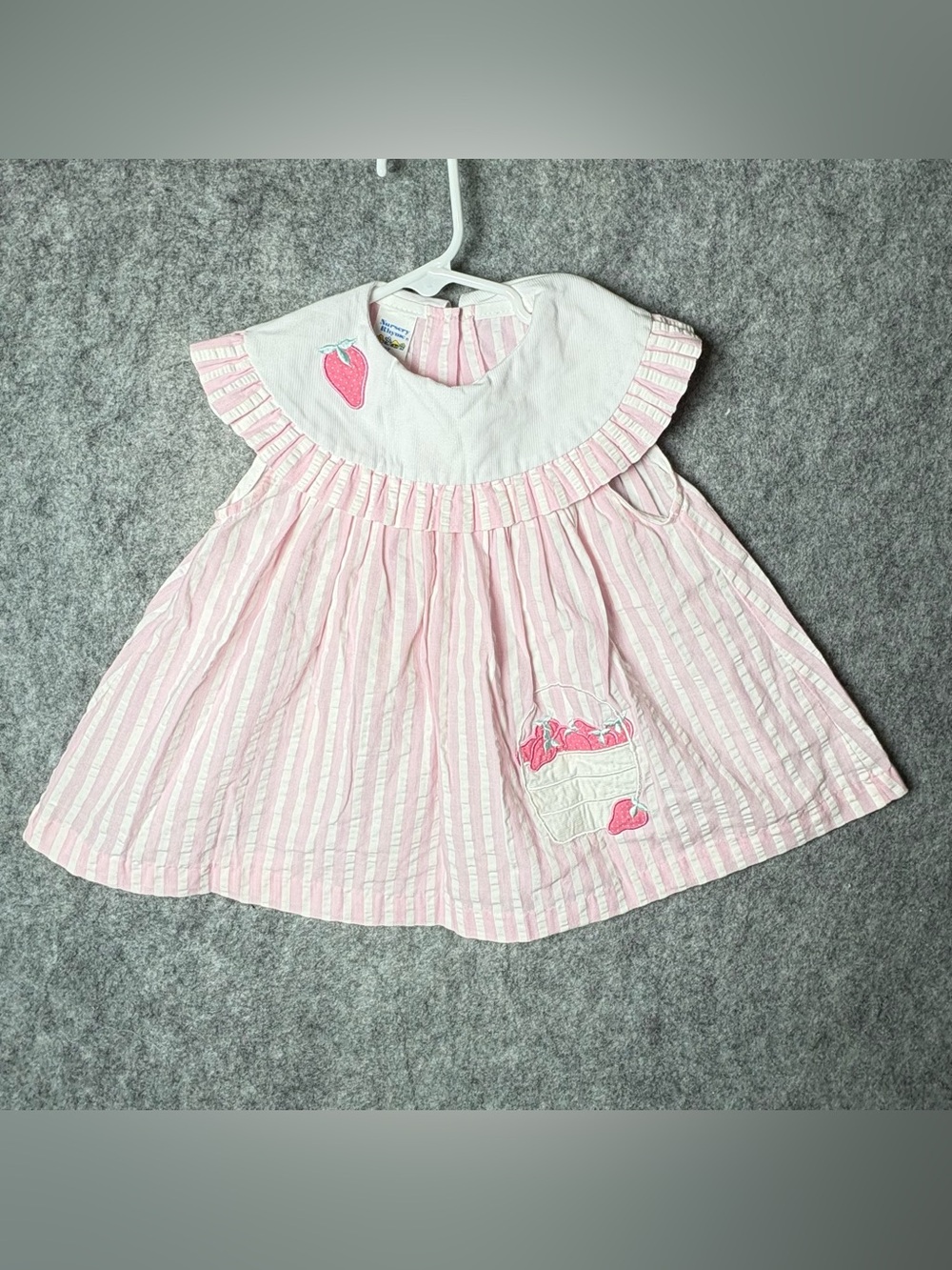 VTG Nursery Rhymes 2T Pink Striped Baby Dress with Strawberries Collared